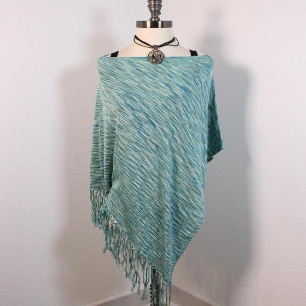 Rare y2k silk blend blue poncho shawl with fringe tassels
